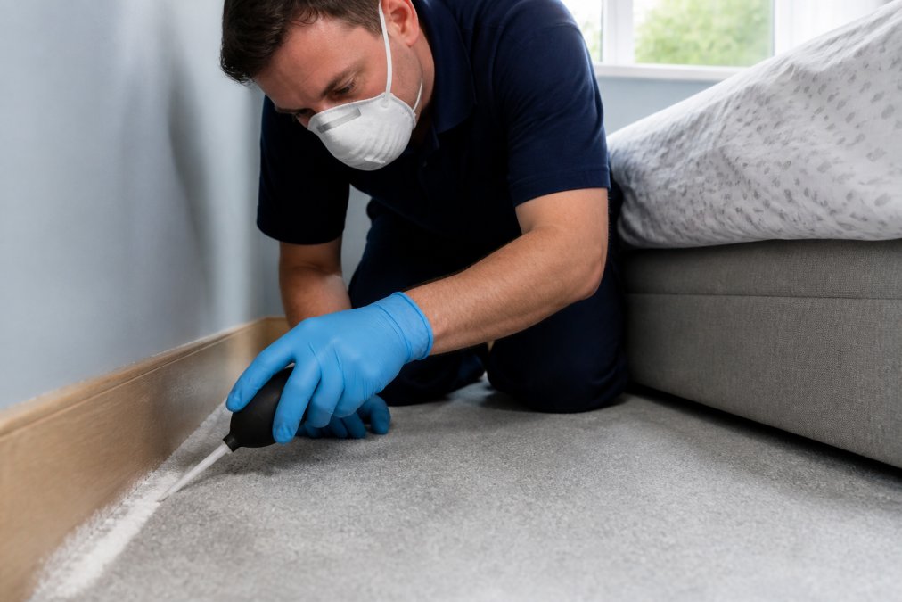 A person wearing nitrile gloves and a dust mask applying a fine white powder along a wooden skirting board with a small bulb duster, a divan bed frame visible in the background, soft daylight from a window