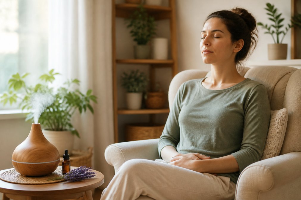 A person sitting comfortably in a cozy living room, eyes closed, with a diffuser releasing steam and a bottle of lavender essential oil on a side table, warm natural light coming through the window
