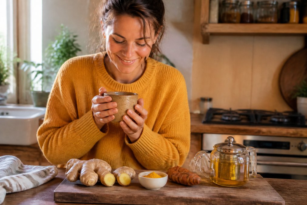 Close-up of fresh ginger root sliced on a wooden cutting board with golden turmeric powder in a small ceramic bowl and a steaming cup of herbal tea in soft natural lighting