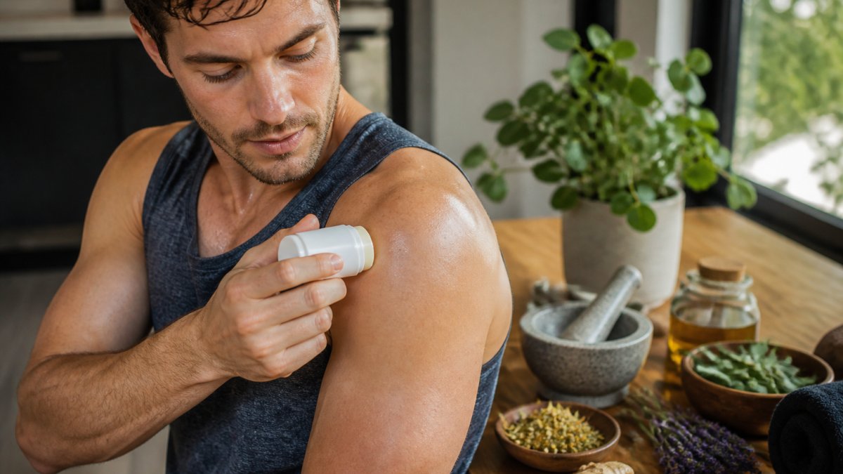 Person applying a topical salve stick to sore shoulder muscles after a workout, with recovery herbs and natural ingredients visible on a nearby table