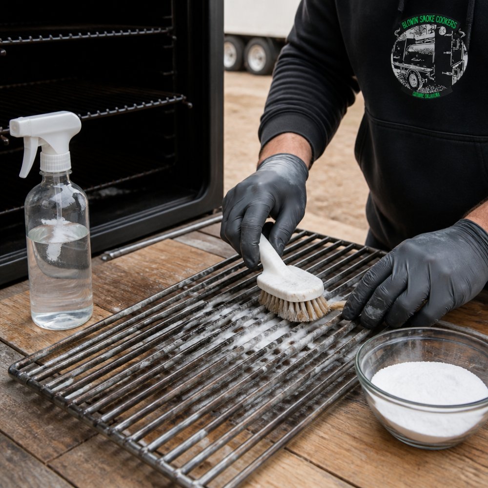 Close-up of hands using a bristle brush to scrub stainless steel smoker grates with vinegar solution, baking soda paste visible in a small bowl nearby on a wooden work surface