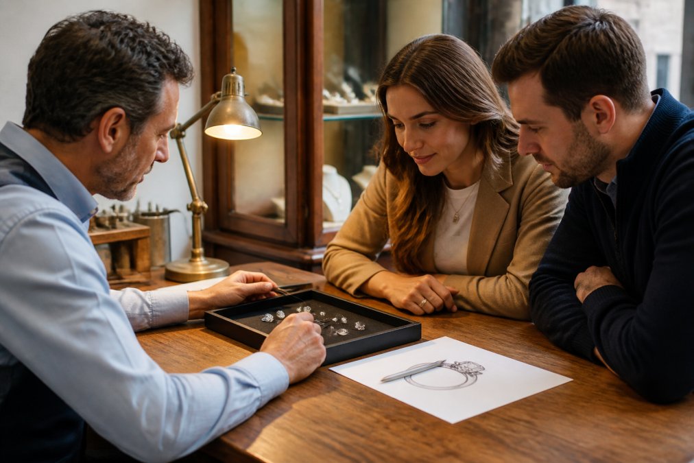 Jeweller and couple reviewing diamond sketches during an engagement ring guide consultation in a workshop