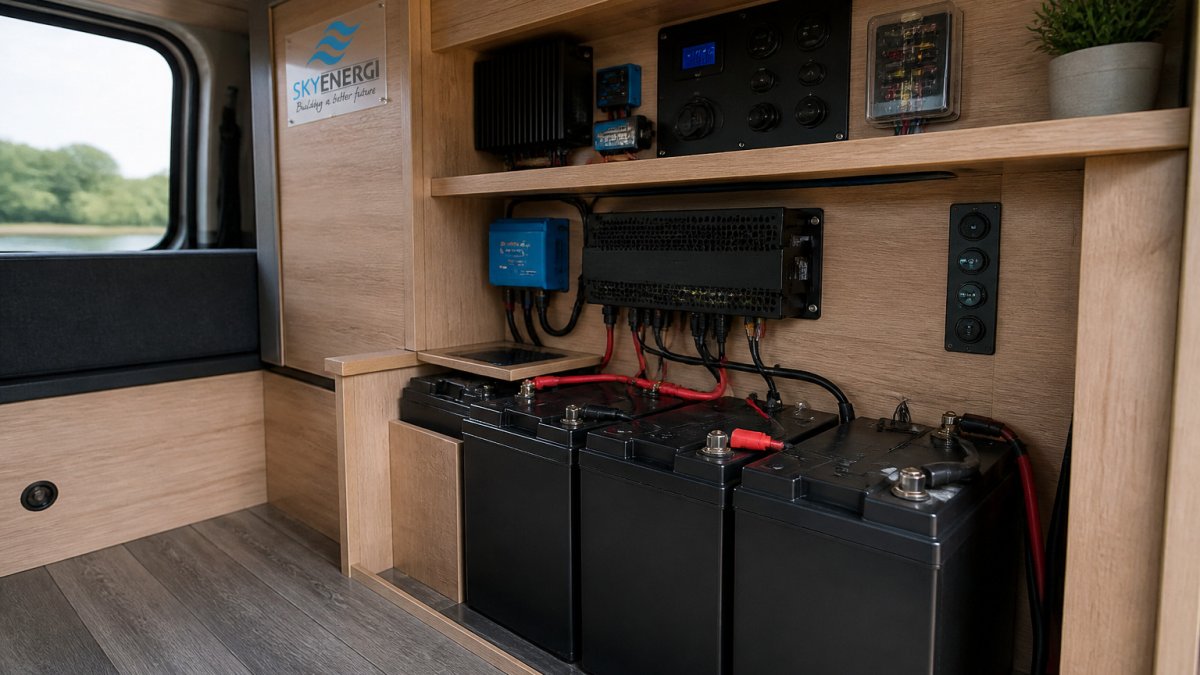 Lithium battery bank and monitoring display mounted on a wooden campervan interior wall