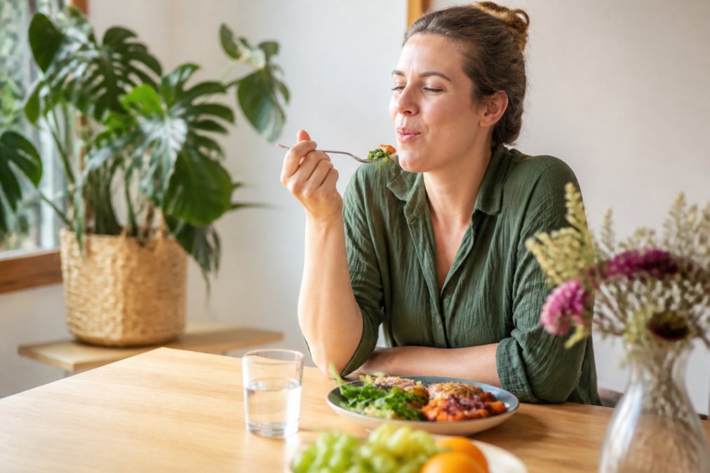 Iemand kauwt rustig op gezonde voeding aan een houten tafel om een opgeblazen buik na eten door slechte gewoontes te