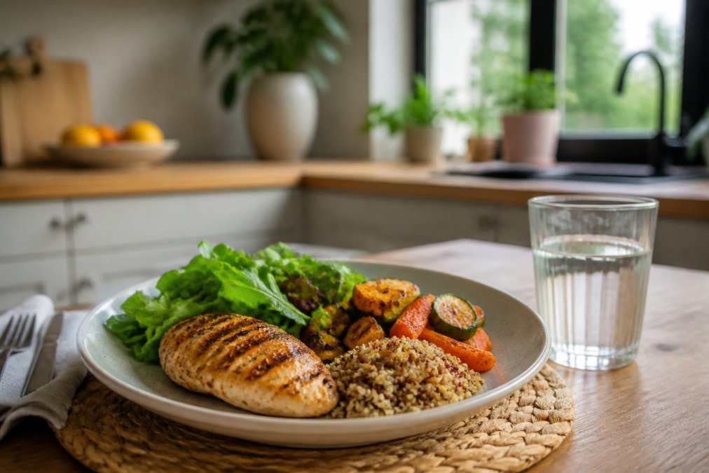 Gezonde maaltijd met kip, quinoa en groenten in een lichte keuken als tip tegen een opgeblazen buik na eten.