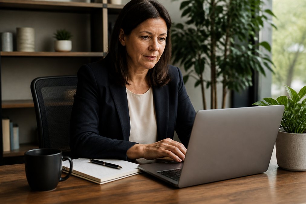 HR professional or office manager reviewing employee feedback notes on a laptop with a notepad and coffee nearby, warm office lighting with plants visible in the background