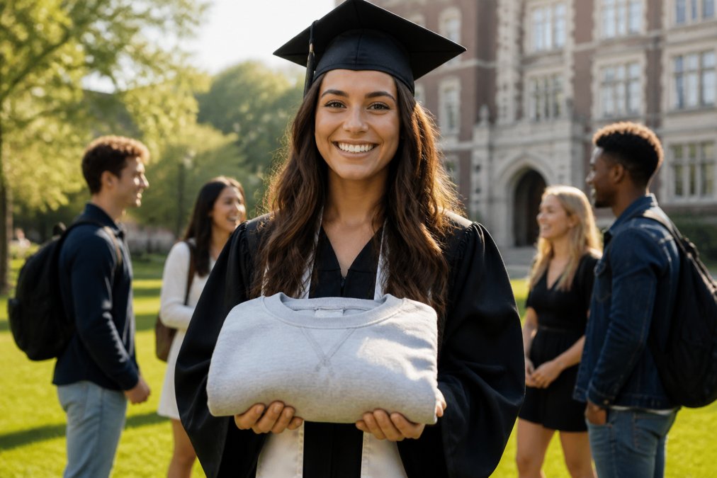 A smiling college graduate in a cap and gown holding a folded custom sweatshirt with vintage collegiate lettering, standing on a sunlit campus quad with friends laughing in the background