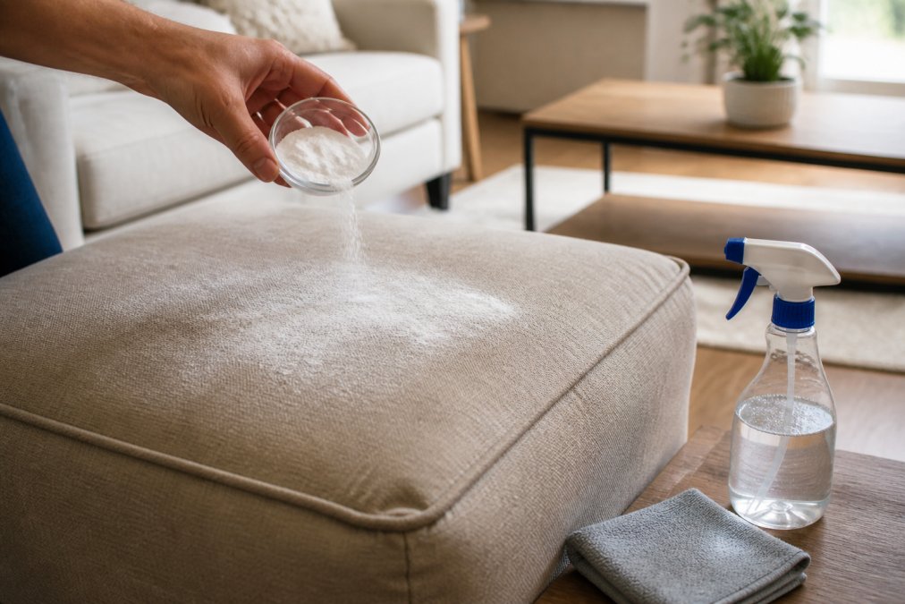 Une main saupoudrant du bicarbonate de soude sur un pouf en tissu beige dans un salon lumineux, avec un chiffon microfibre et un vaporisateur d'eau tiède à proximité