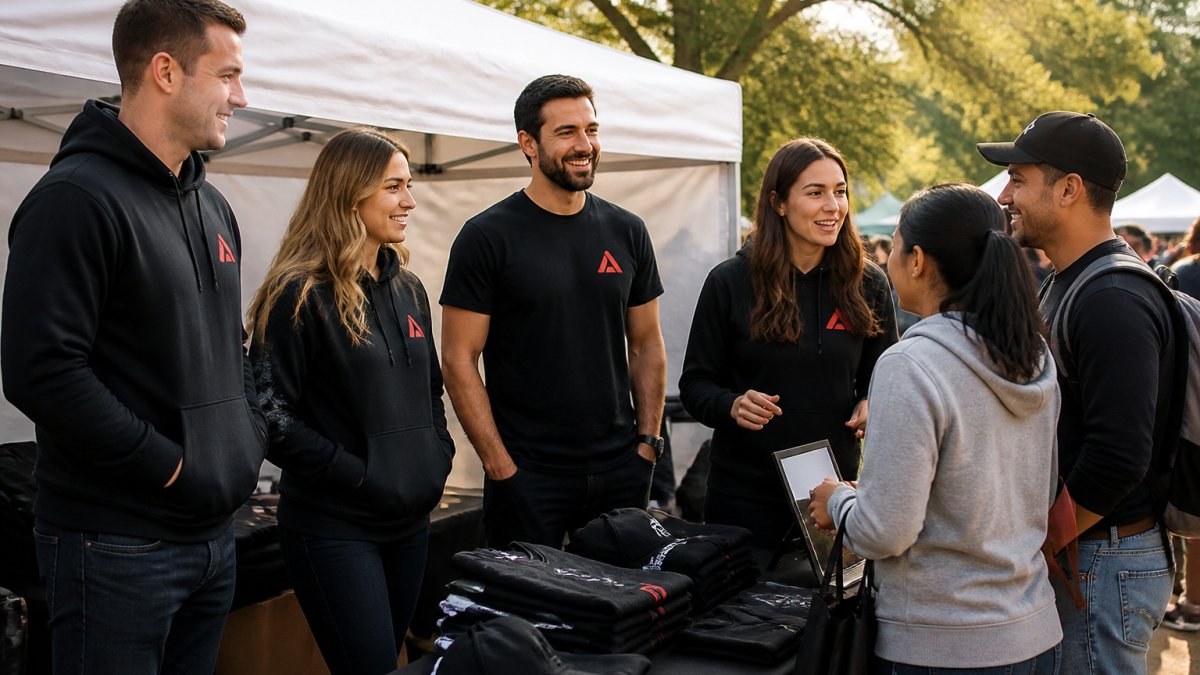 People wearing branded t-shirts and hoodies as promotional products while engaging with event attendees