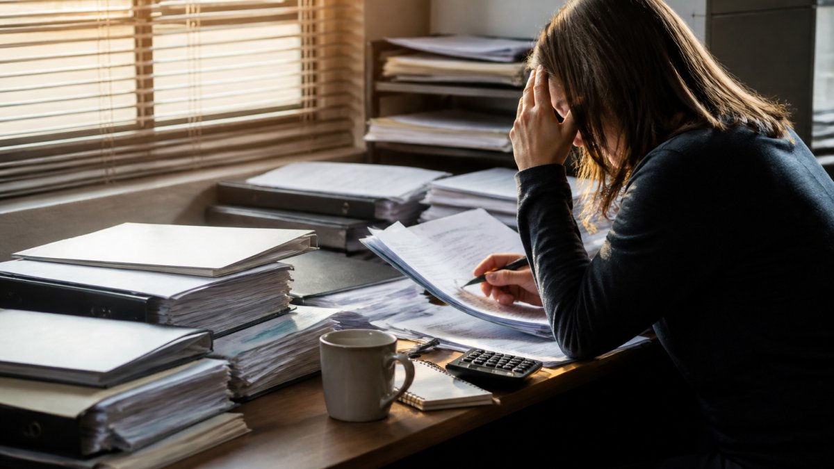 Small business owner reviewing contract paperwork and sales reporting data at a cluttered office desk