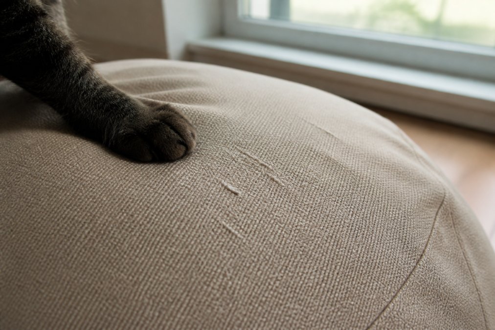 Close-up of a cat's paw near a durable beige polyester fabric surface, showing tight weave texture and claw marks that haven't penetrated the material, natural daylight from a window