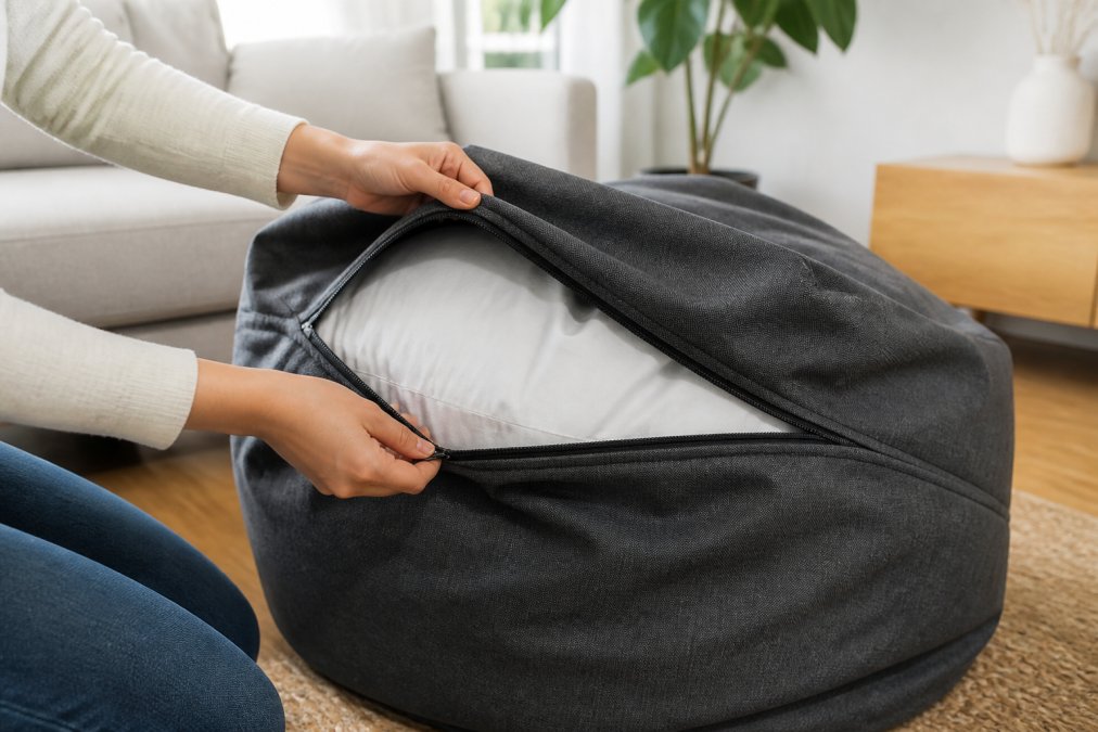 Person's hands removing a removable fabric cover from a beanbag's inner shell, showing the zipper closure system and the contrast between the outer cover and inner lining, in a bright clean living room with natural light