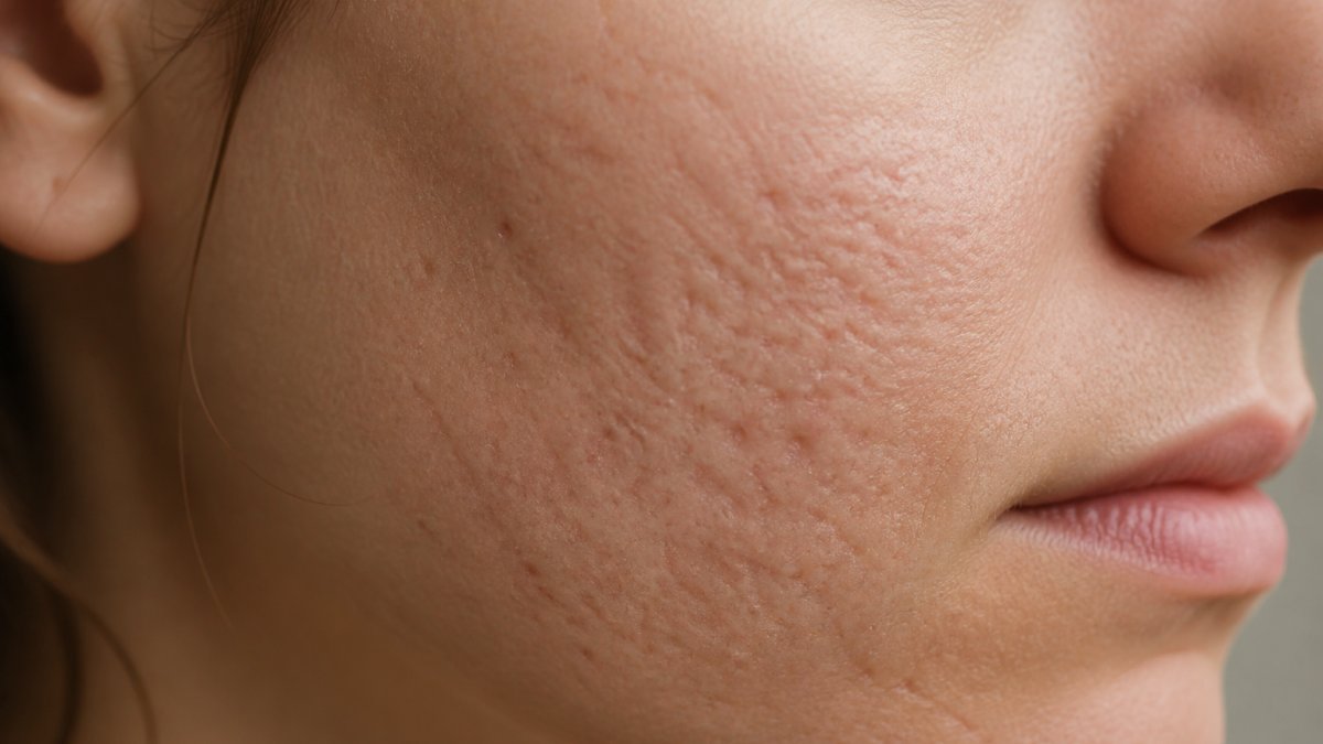 Diagram showing skin texture changes before and after microneedling for acne scars on the cheek area.