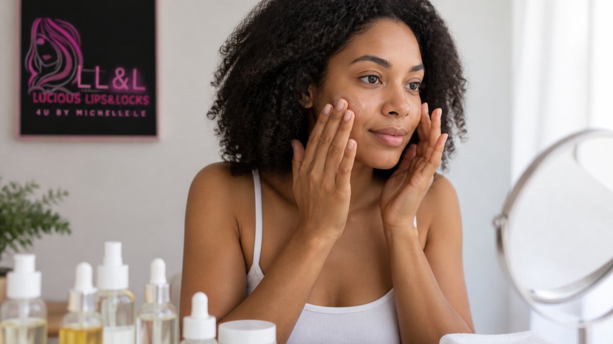 Woman's hands applying layered skincare products to face in natural morning light, showing serum absorption before makeup application