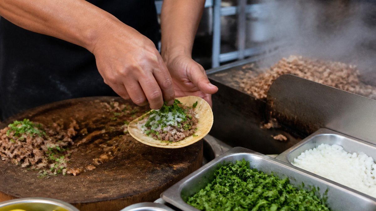 Hands assembling fresh carne asada tacos with cilantro and onion at local Mexican taquerias with rising steam