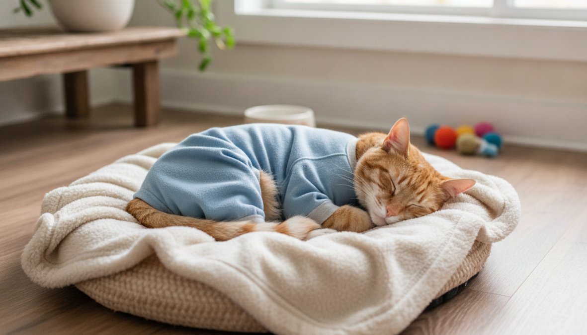 A cat resting comfortably on a soft blanket indoors during recovery, wearing a soft recovery suit instead of a cone
