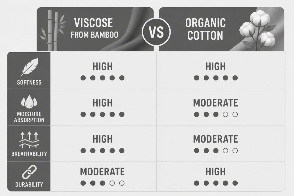 Comparison matrix of viscose from bamboo vs organic cotton across four attributes: softness high vs high, moisture absorption high vs moderate, breathability high vs moderate, durability moderate vs high