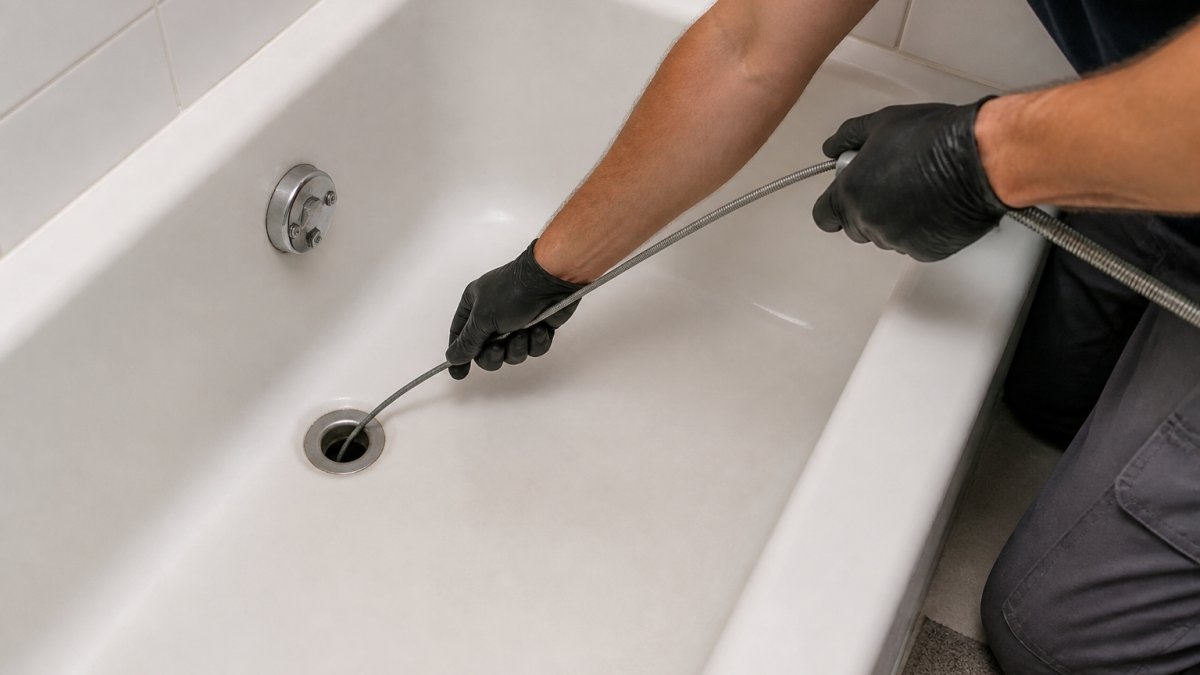 Professional plumber's hands inserting a drain snake into a bathtub drain opening, showing proper angle and grip technique with natural bathroom lighting
