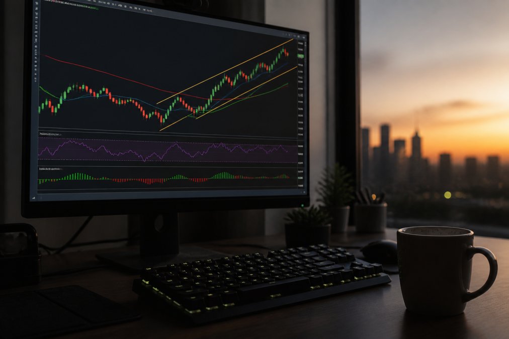 A close-up of a trader's desk at dusk, a large monitor displaying an MT5 candlestick chart with visible trend lines, a mechanical keyboard and a half-empty coffee mug in the foreground