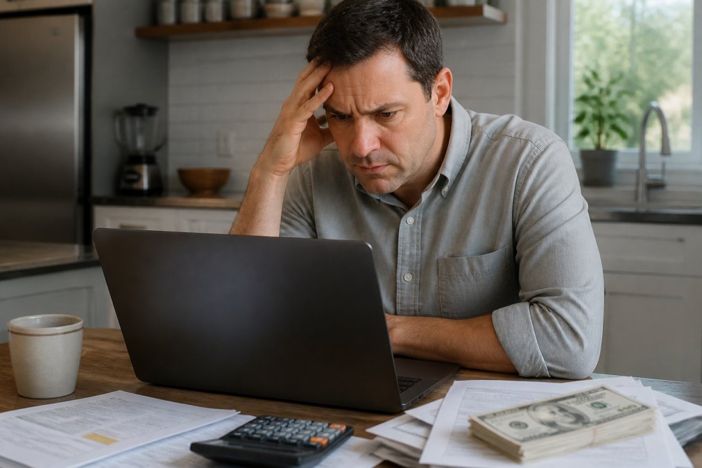 A homeowner looking at a laptop showing a property valuation website, with a furrowed brow, sitting at a kitchen table with papers and a cup of coffee nearby