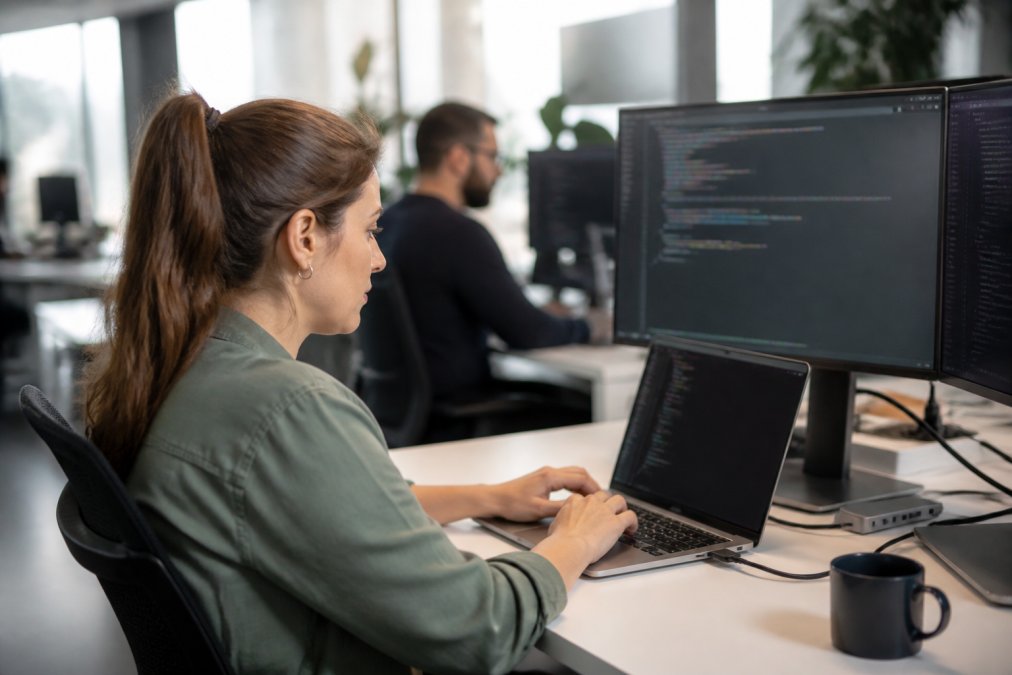 Ingeniera trabajando en código Python y modelos de IA, uno de los 5 roles emergentes en tecnología con altos salarios 2026.