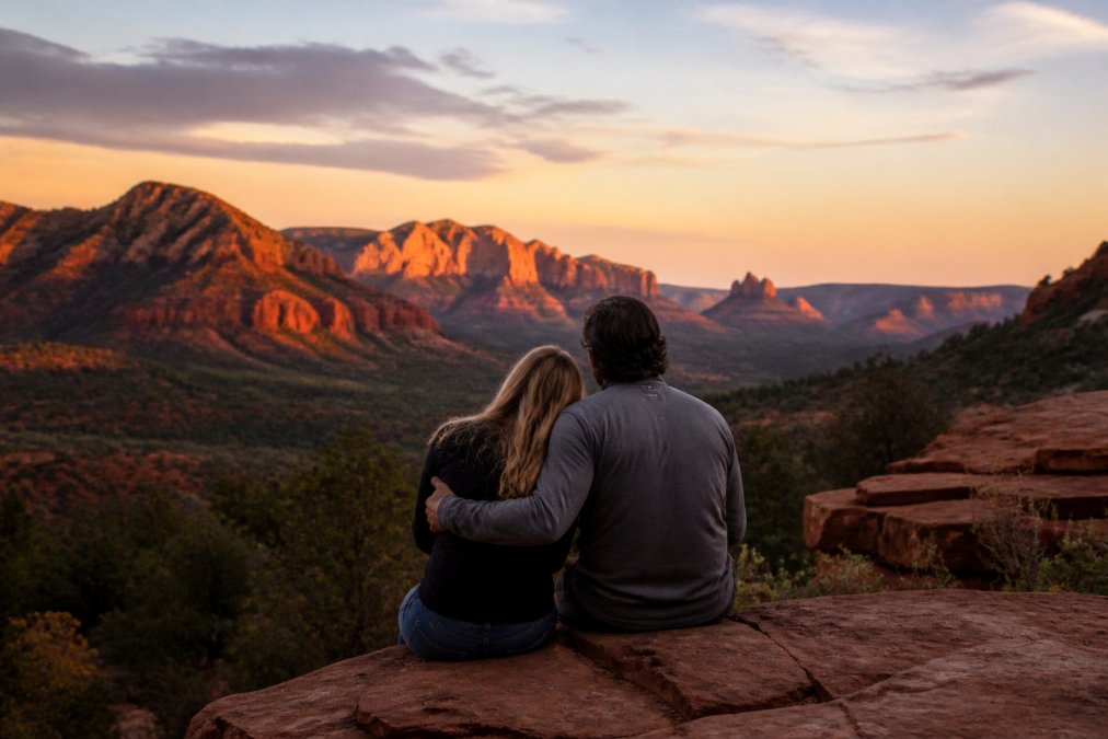A couple watching sunset over Sedona's red rock formations, warm golden light reflecting off the canyon walls and distant spires