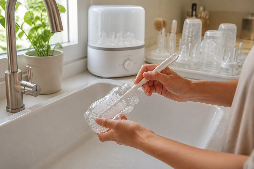 A parent's hands washing a glass baby bottle with a bottle brush in a white kitchen sink, with a sterilizer and clean bottles drying on a rack visible in the background, warm and bright natural lighting