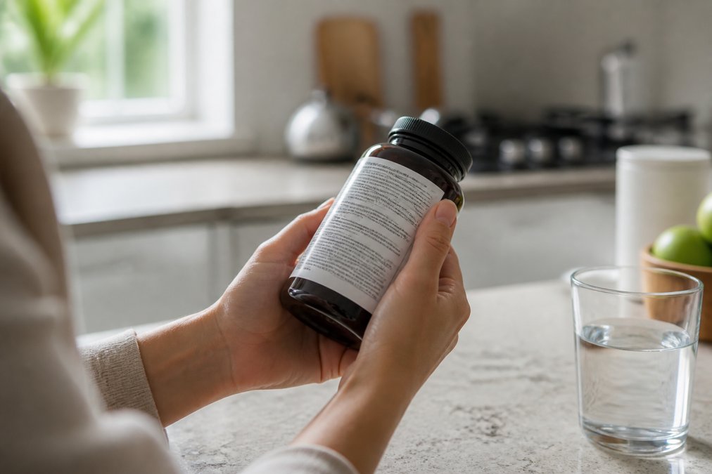 A close-up photograph of a person's hands holding a supplement bottle with a clear label, inspecting the ingredient list in a bright kitchen setting