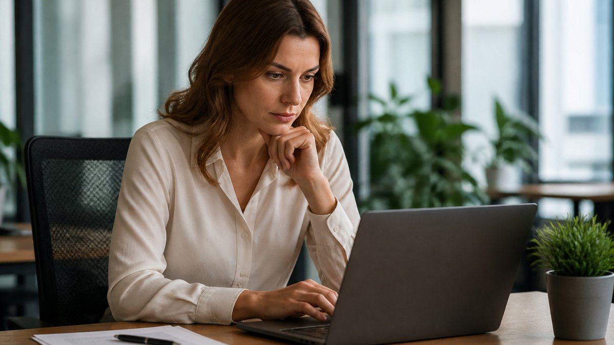 E-commerce manager analyzing conversion metrics and checkout extensibility features on a laptop in an office