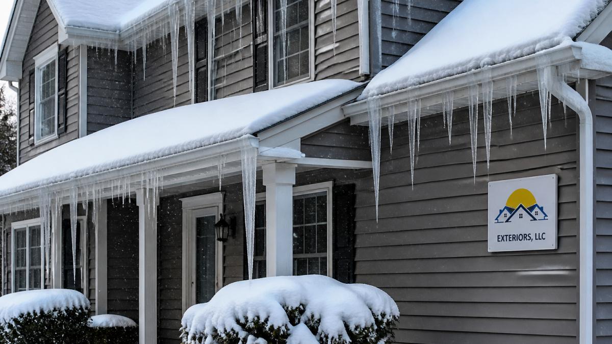 Infographic comparing siding materials for harsh winters using a home exterior covered in snow and ice as a model.