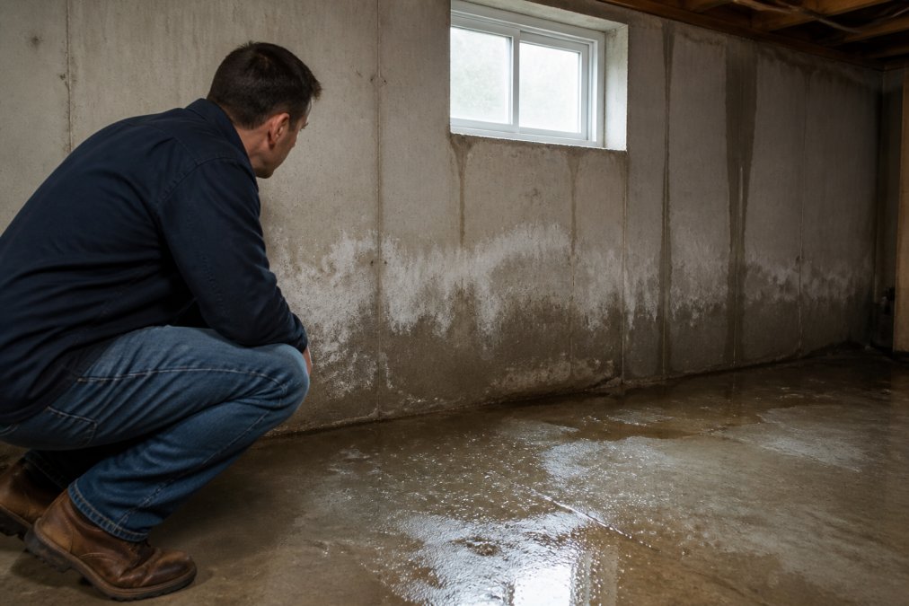 Propriétaire inspectant un sous-sol humide avec des traces d'eau visibles sur les murs de béton, efflorescence blanche visible, gouttelettes d'eau sur le plancher en béton, éclairage naturel provenant d'une petite fenêtre de sous-sol