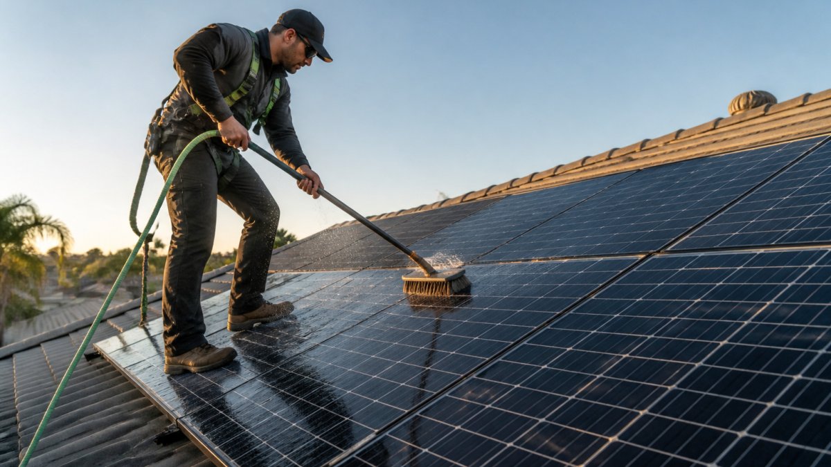 A technician on a residential roof using a soft brush and garden hose to rinse solar panels in early morning light, with safety harness visible