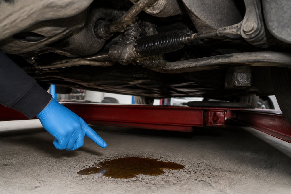 A mechanic's hand in a blue nitrile glove pointing at a fresh puddle of amber power steering fluid beneath the steering rack of a car raised on a ramp, bright workshop lighting