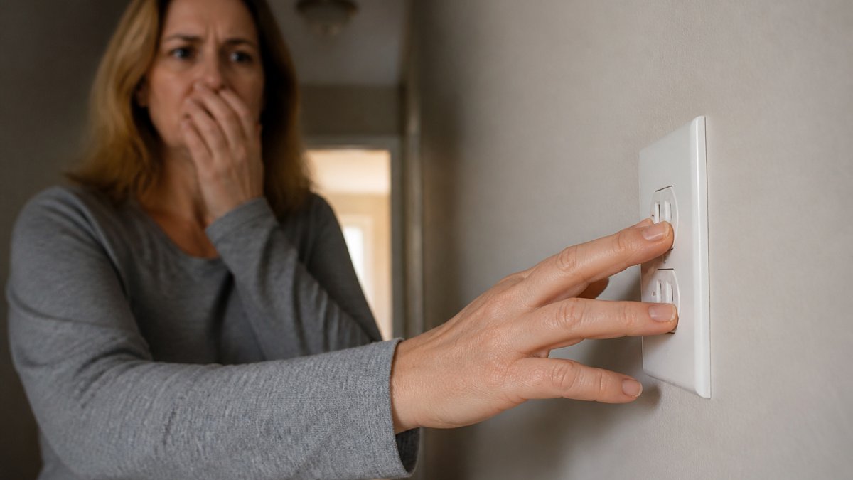 A homeowner's hand cautiously touching a wall outlet cover plate in a dim hallway, concerned expression in the background, suggesting a burning smell near an outlet