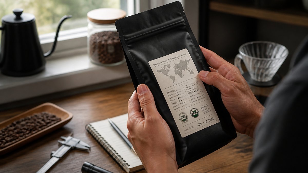 Hands examining a coffee bag label for origin details and roast dates in natural sunlight