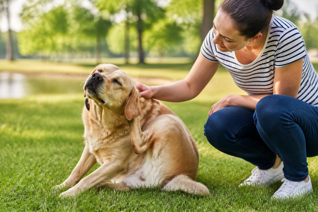 Golden Labrador scratching its itchy ear, a sign of food allergies in dogs, while being comforted by its owner on a lawn.