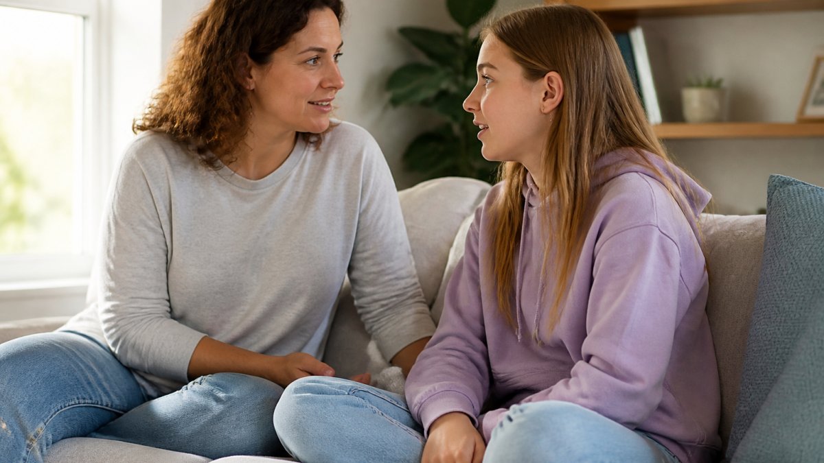 A parent and a tween having a calm and caring conversation while sitting together on a comfortable couch.
