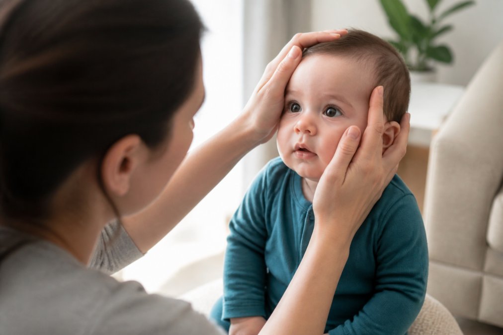 Parent gently examining infant's eyes during daytime, checking pupil response with soft natural light, baby sitting on lap