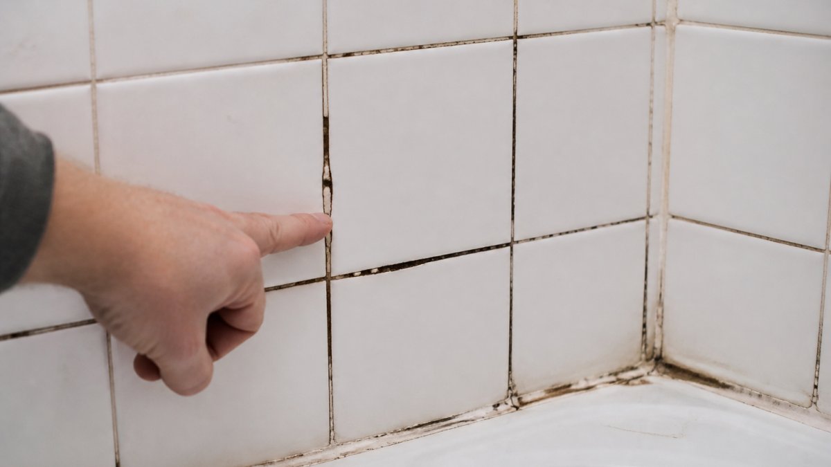Hand pointing to cracked, crumbling shower grout with dark staining caused by water damage