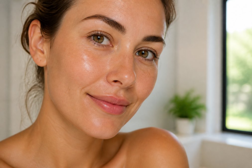Close-up of a woman's face showing clear, hydrated, glowing skin with visible firmness and smooth texture in natural morning light