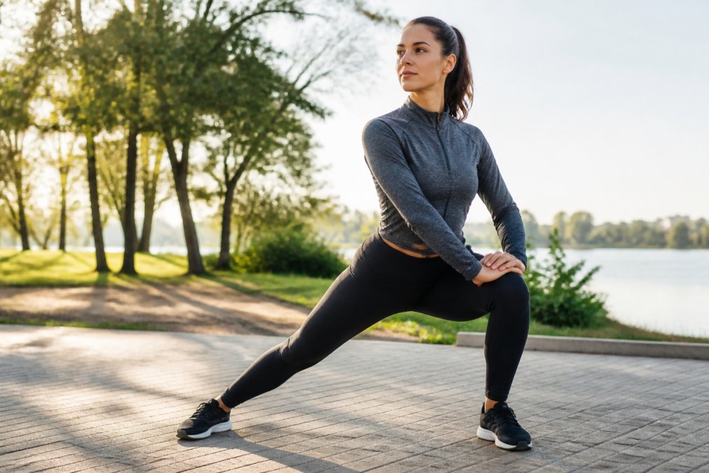 Active adult doing stretching and mobility exercises outdoors in morning sunlight, showing improved posture and comfortable range of motion