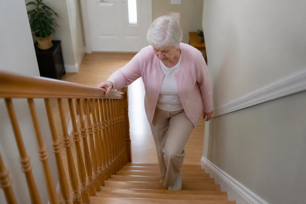 Older adult carefully holding wooden handrail while ascending stairs with deliberate foot placement and cautious movement