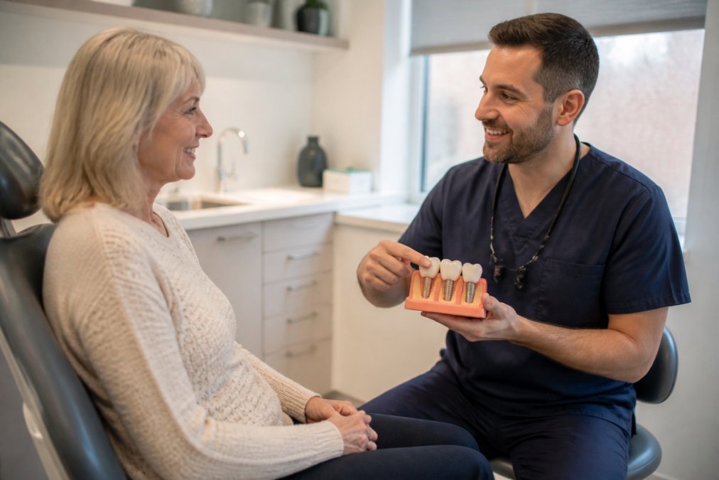 Patient in a modern dental clinic consultation chair, dentist in professional attire explaining implant treatment options with a model, warm natural lighting creating a reassuring atmosphere