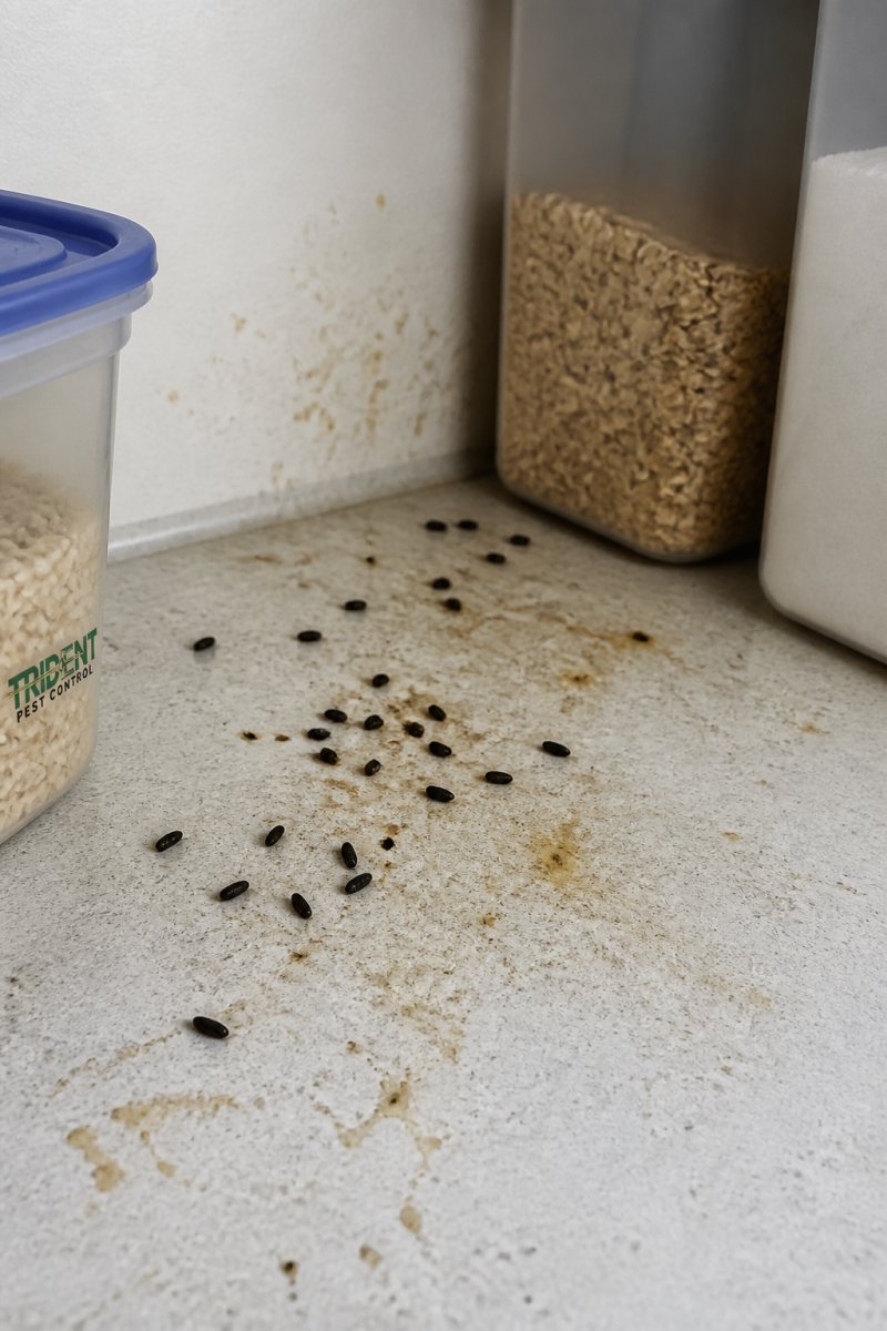 Close-up of rodent droppings and urine stains on a kitchen counter next to food storage containers, showing scale and severity under bright overhead lighting