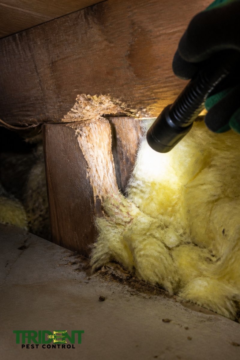 Close-up of fresh rodent gnaw marks on wooden beam in an attic space, with exposed wood fibres and chewed insulation visible under inspection lamp lighting