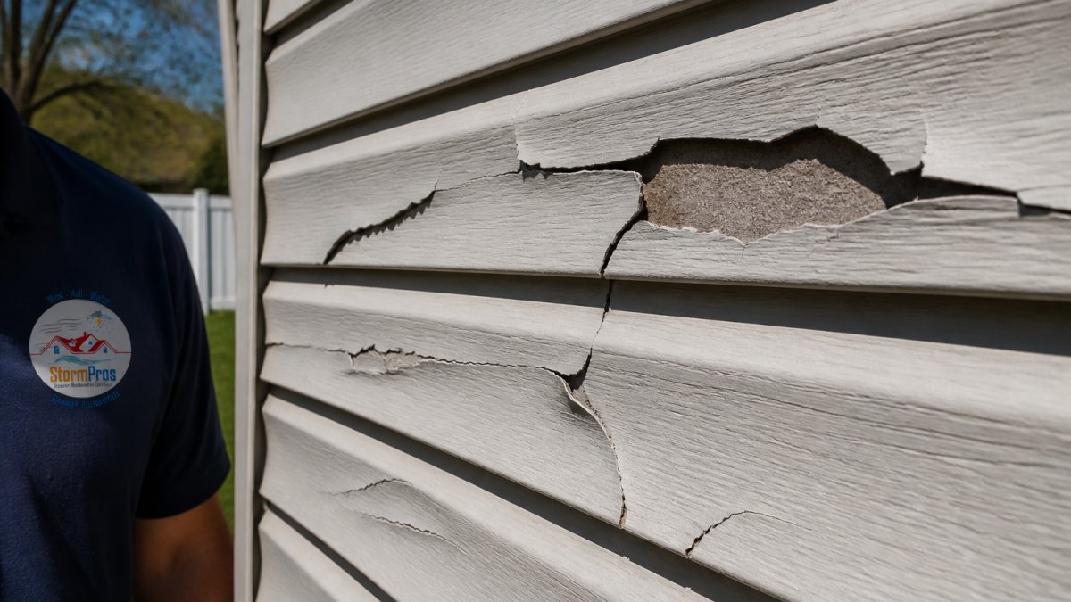 Close-up diagram of damaged vinyl siding with cracks and peeling paint as one of the 5 signs you need full siding