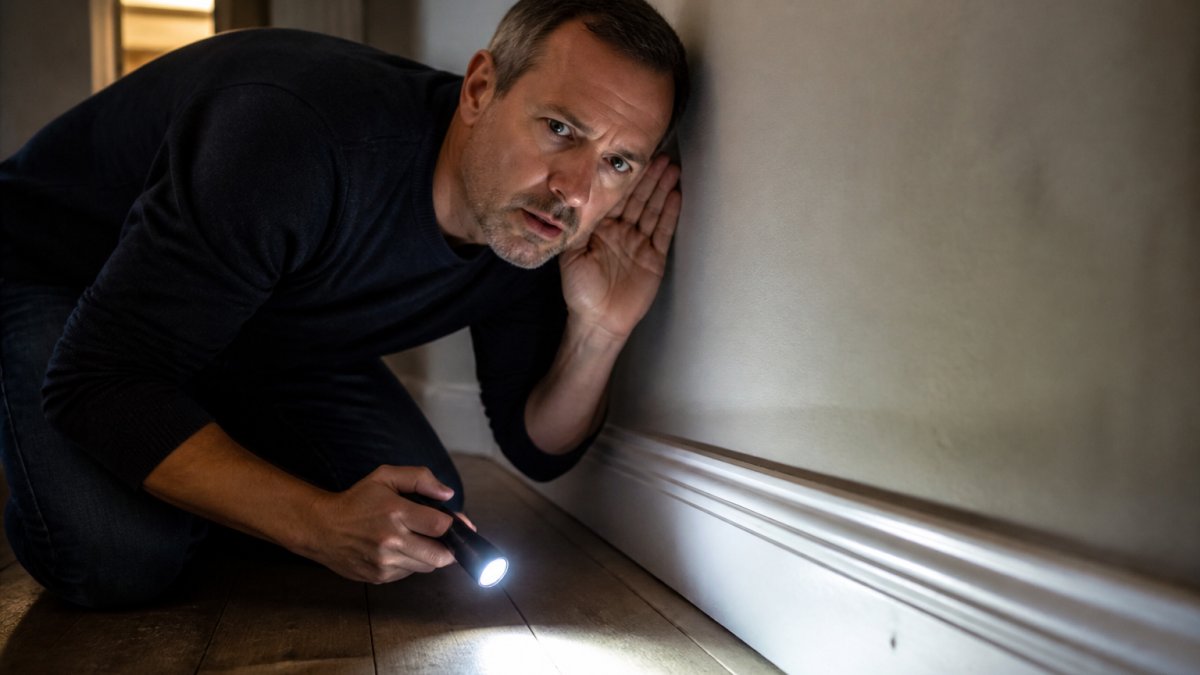 A concerned homeowner listening for sounds behind a skirting board as part of a pest removal inspection.