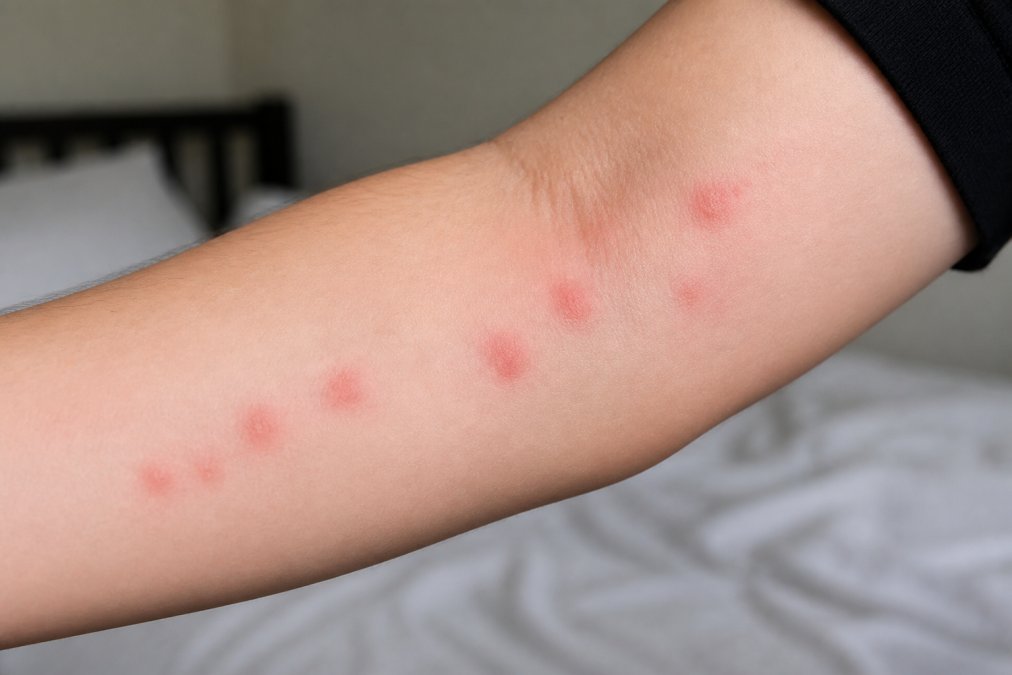 Close-up of a person's arm showing red, itchy welts and bite marks arranged in a line pattern characteristic of bed bug bites, photographed in natural daylight