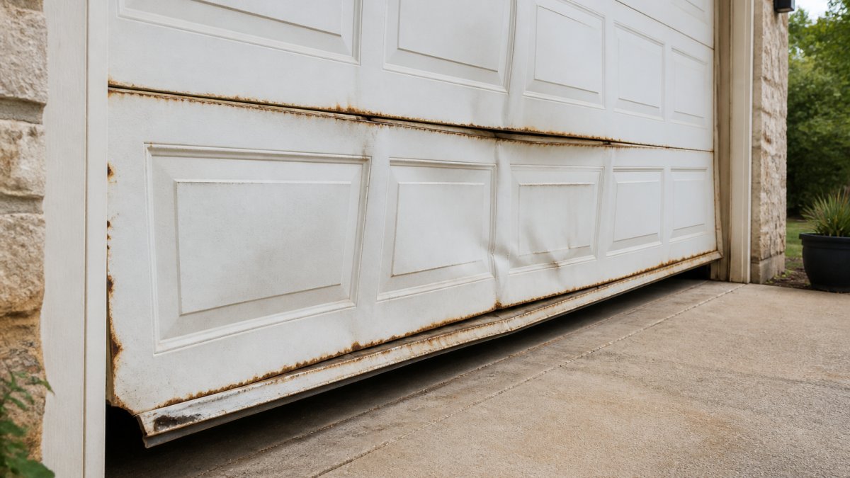 Infographic showing rust, dents, and misalignment signs requiring same-day garage door repair services.