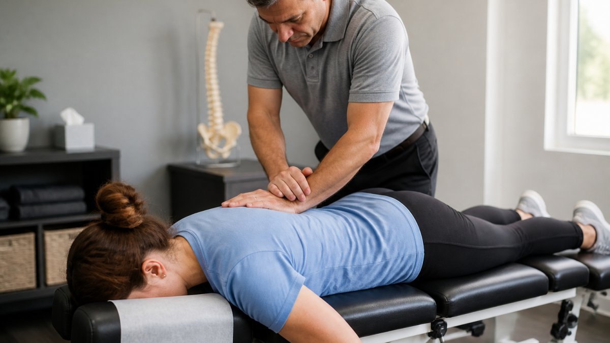 Chiropractor performing a gentle spinal adjustment on a patient lying face-down on a treatment table in a calm, professional clinic setting with soft lighting and medical equipment visible in the background